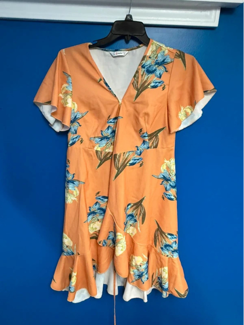 PatPat Womens Medium Orange Peach Floral Wrap Dress Ruffle Hem Short Sleeve